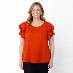 Milk & Honey Women’s XL Orange Ruffle Sleeve Blouse – Bright Textured Top